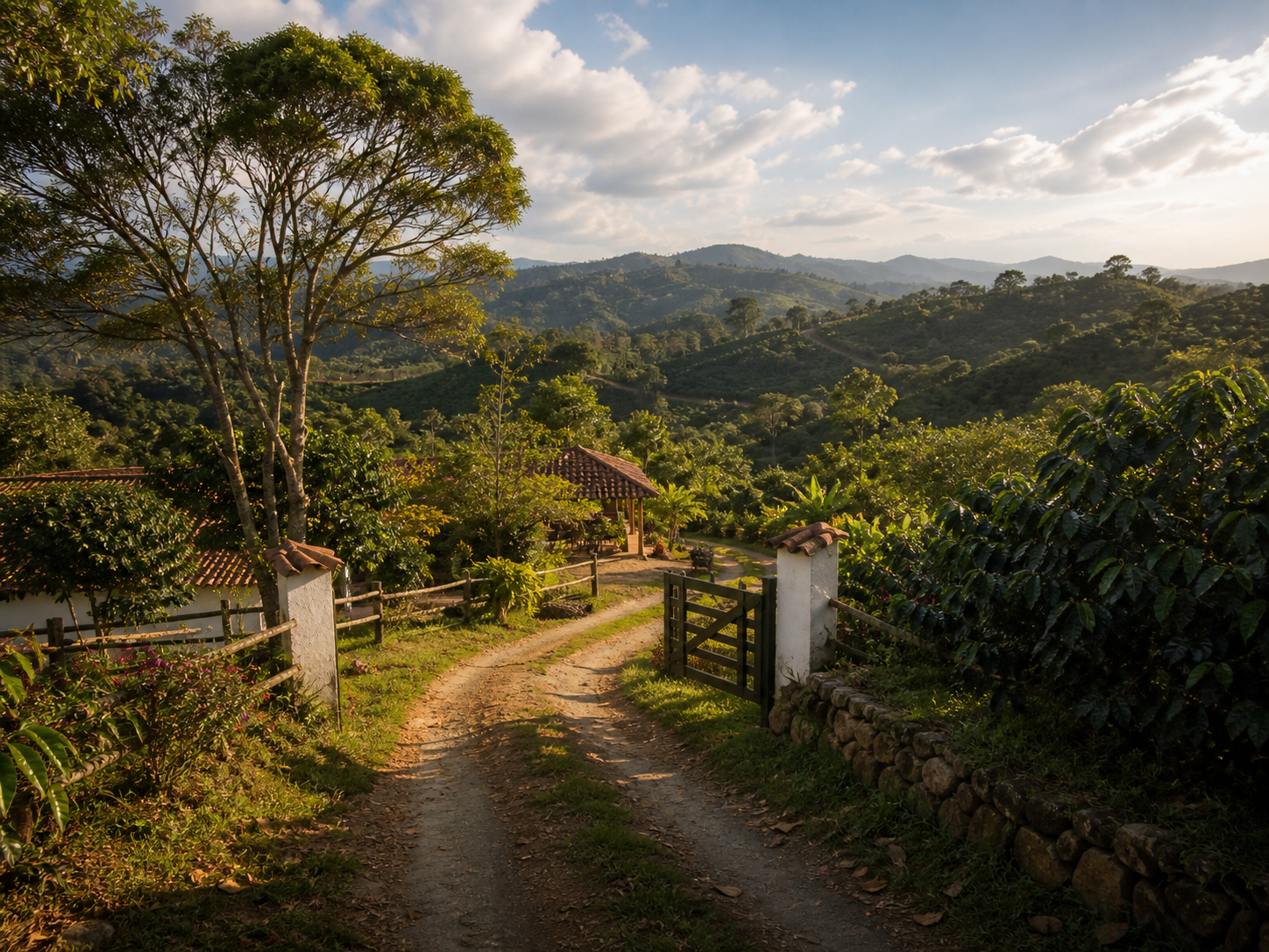 Imagen ilustrativa de un camino entre montañas y cafetales